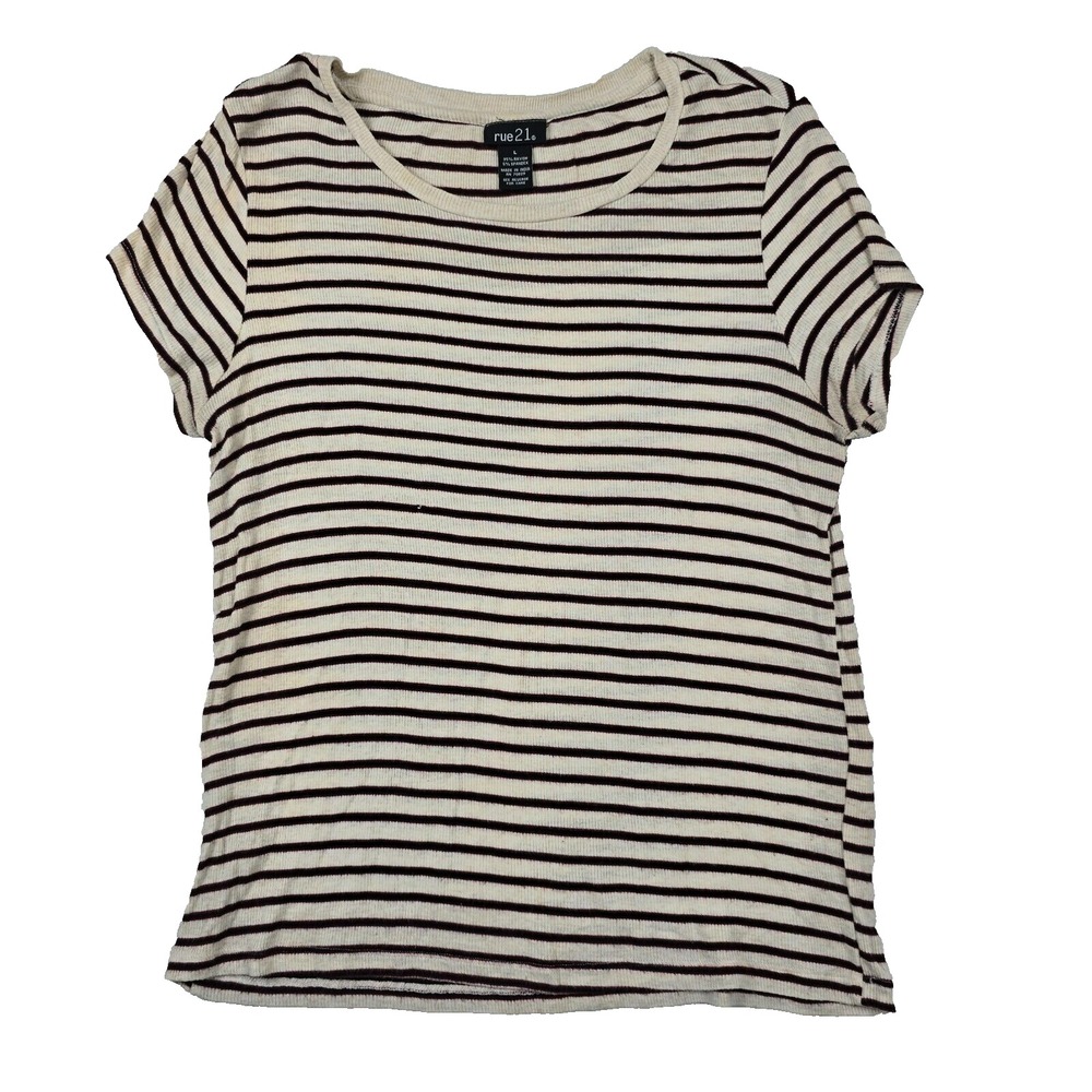 Rue 21 Women's Size Large Short Sleeve Striped Shirt Top‎ Round Neck Rayon